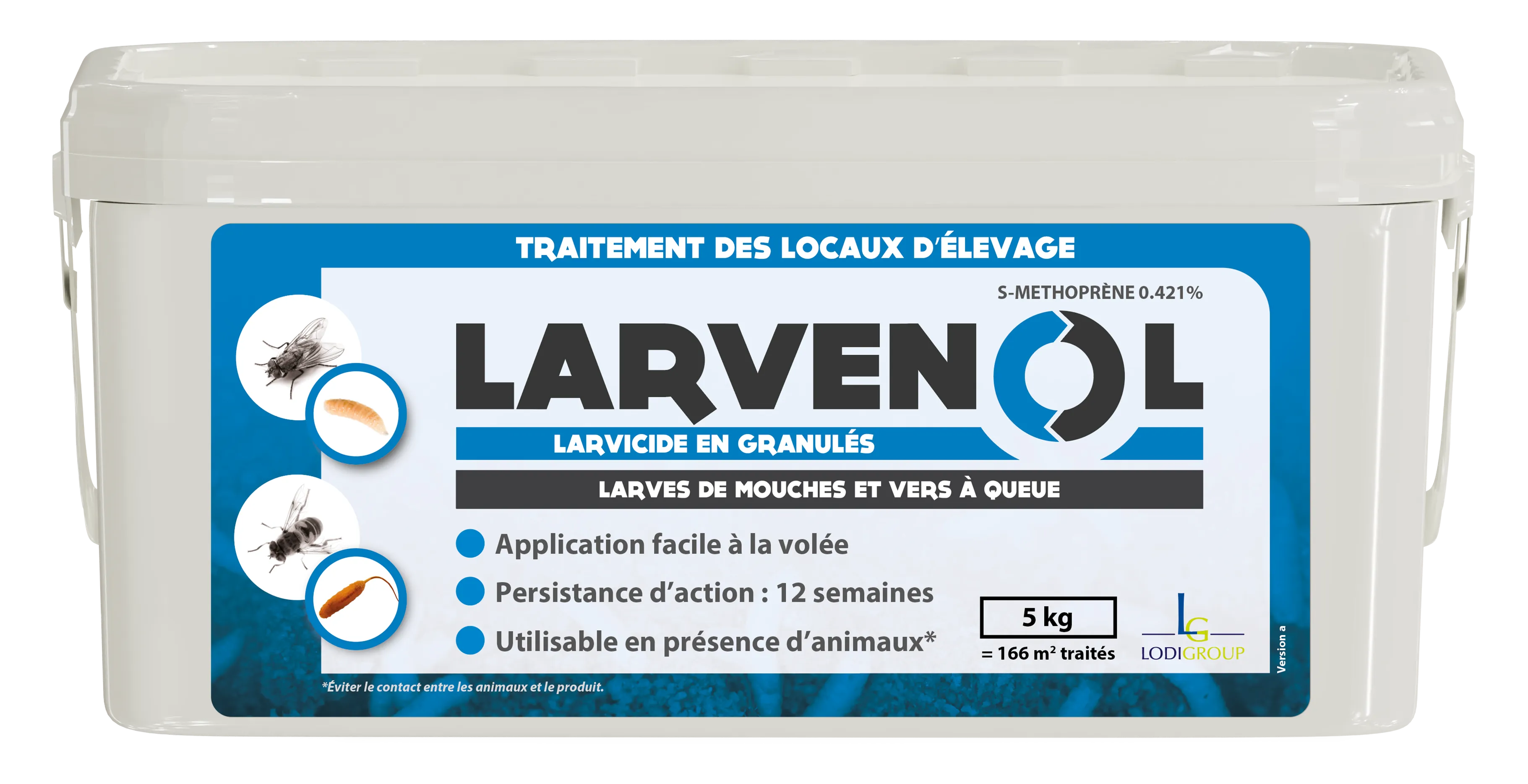 Seau de 5 kg de LARVENOL 4GR, larvicide en granulés contre les mouches et vers à queue pour locaux d'élevage.
