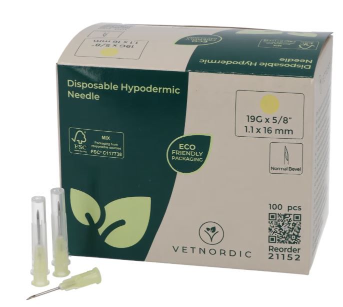 Boîte de 100 aiguilles hypodermiques VetNordic 19G Crème 16mm, pour porcelets et petits animaux.