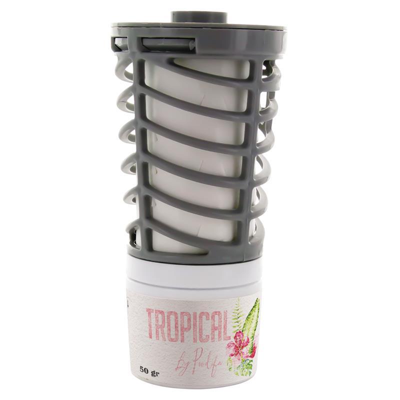 Recharge de parfum Prowind Tropical par Prodifa, diffuseur de 50g à structure grise ajourée libérant des notes de banane, vanille et noix de coco.