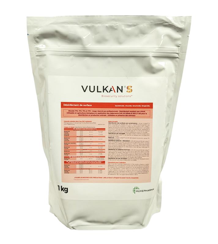 Sachet de 3 kg de microgranulés désinfectants VULKAN'S par Huvepharma, utilisable en agriculture biologique.