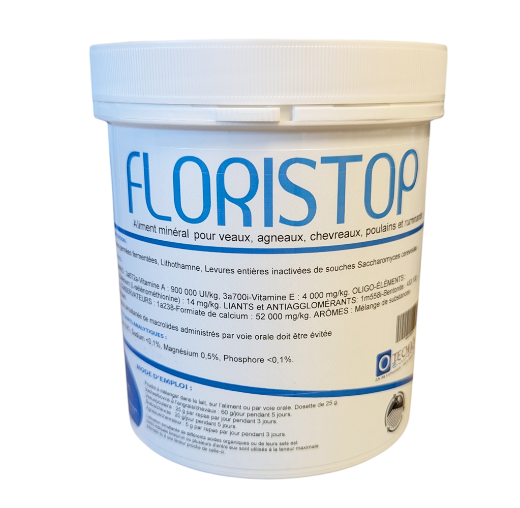Pot de 300g de FLORISTOP par Technovet Eurotonic, aliment minéral à base d'argile et de levures pour le soutien digestif des veaux et poulains.