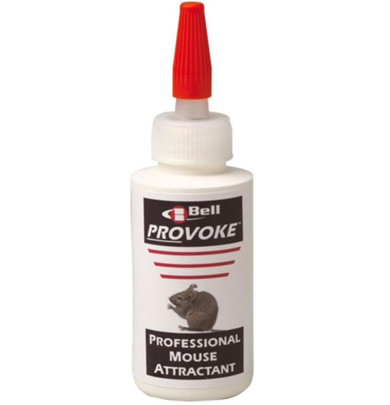 Flacon doseur blanc de 56 g d'attractif PROVOKE pour souris avec bouchon rouge, produit par Bell Laboratories.