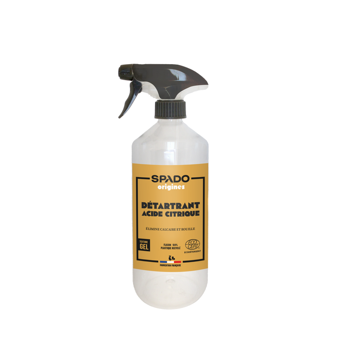 Flacon spray de 750 ml de Détartrant Acide Citrique en Gel SPADO Origines, étiquette ocre indiquant l'élimination du calcaire et de la rouille, certifié Ecocert.