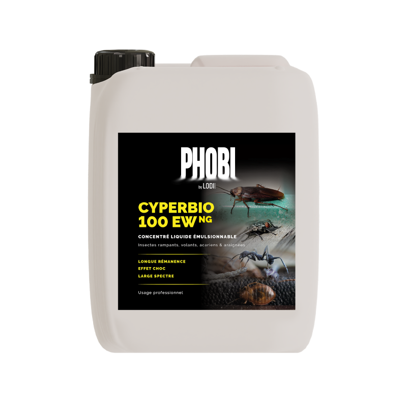 Bidon blanc de 5 Litres d'insecticide liquide concentré professionnel Phobi Cyperbio 100 EW NG Lodi Group avec bouchon noir.