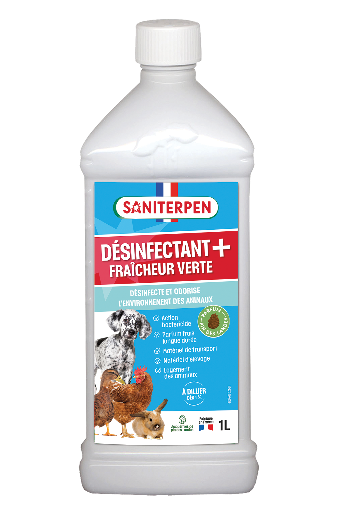 Flacon blanc de 1 Litre de Saniterpen Désinfectant + Fraîcheur Verte concentré bactéricide pour poulaillers, chenils et matériel de transport.