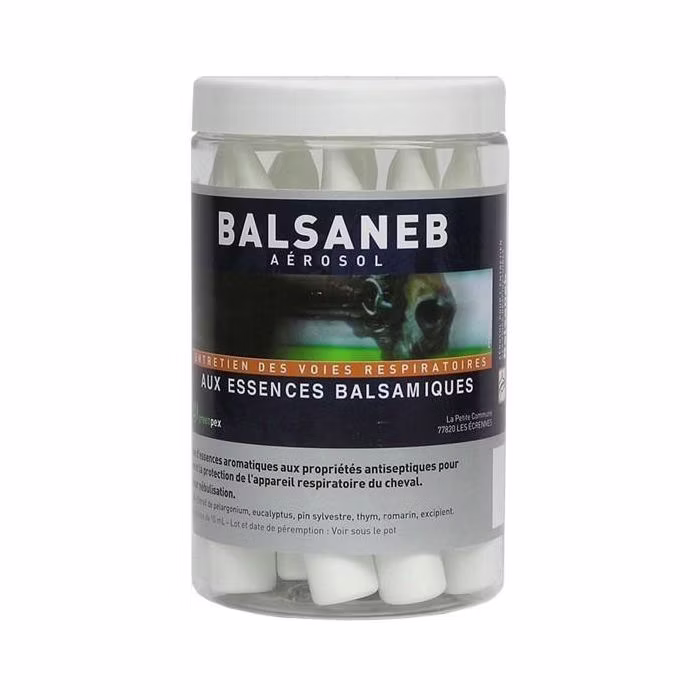 Pot transparent de 14 flacons unidoses de 10 ml de solution respiratoire Balsaneb Aérosol Greenpex pour cheval.