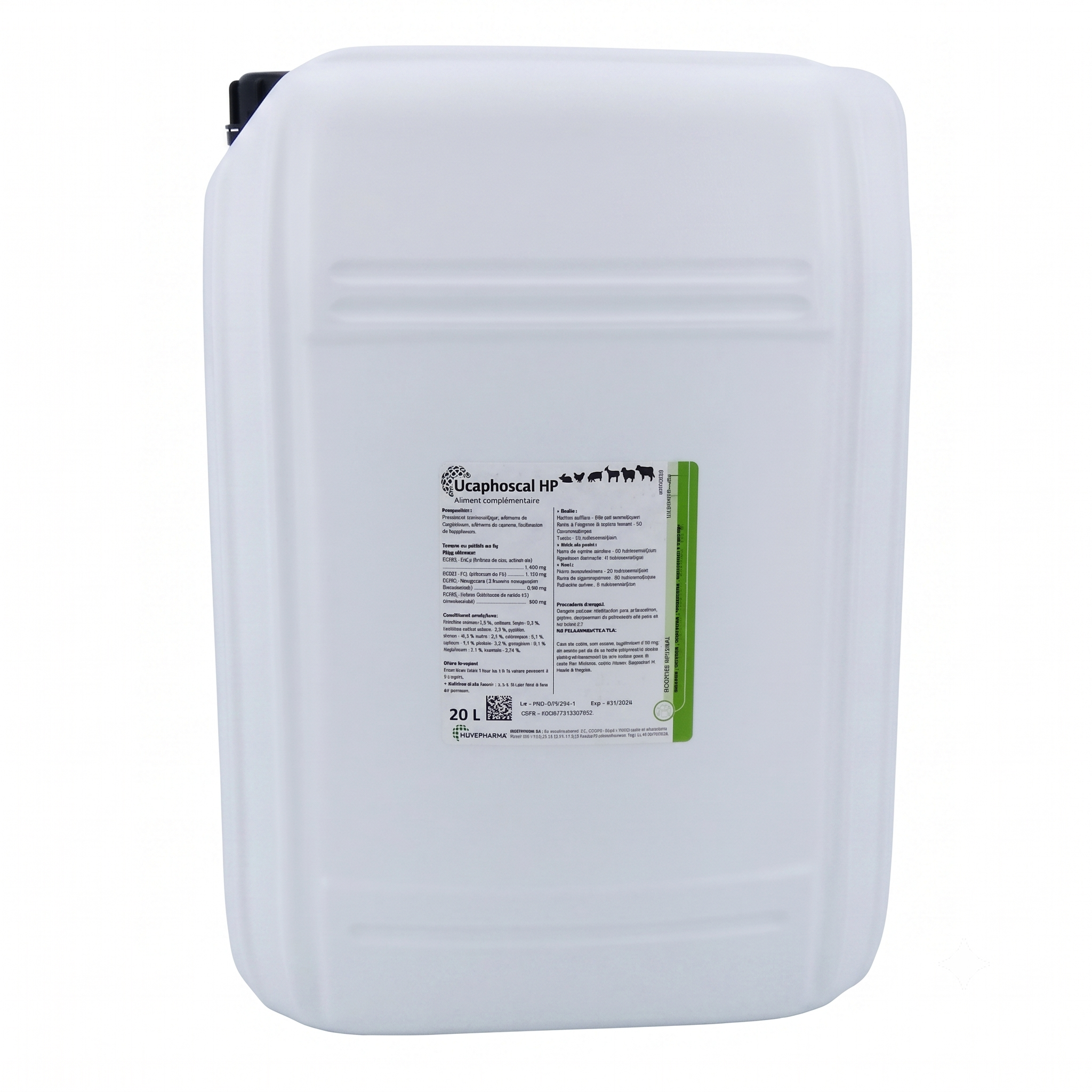 Bidon industriel en plastique blanc de 20 Litres de complément minéral liquide Ucaphoscal HP pour bovins et ruminants avec bouchon noir.