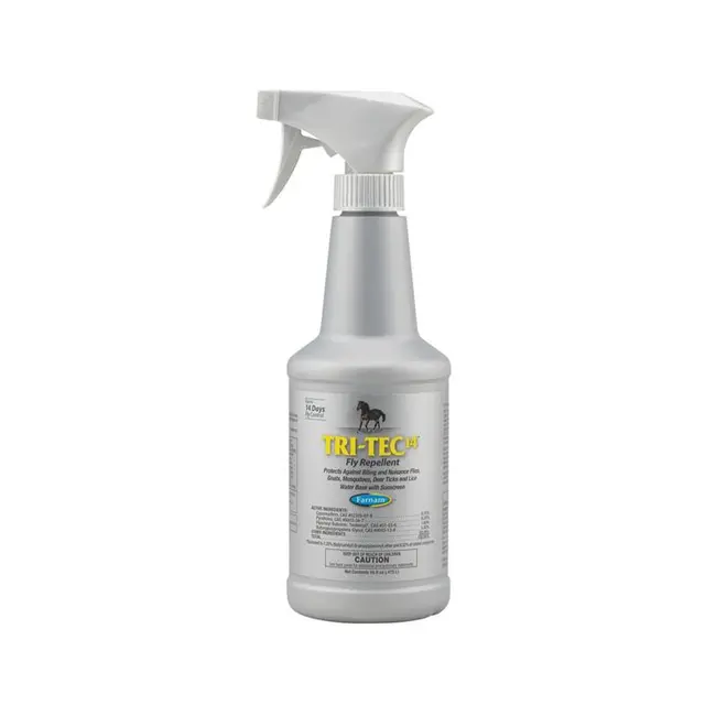Flacon spray gris TRI-TEC 14 Farnam de 946 ml avec logo "Leak Proof", insecticide haute performance pour l'environnement du cheval.