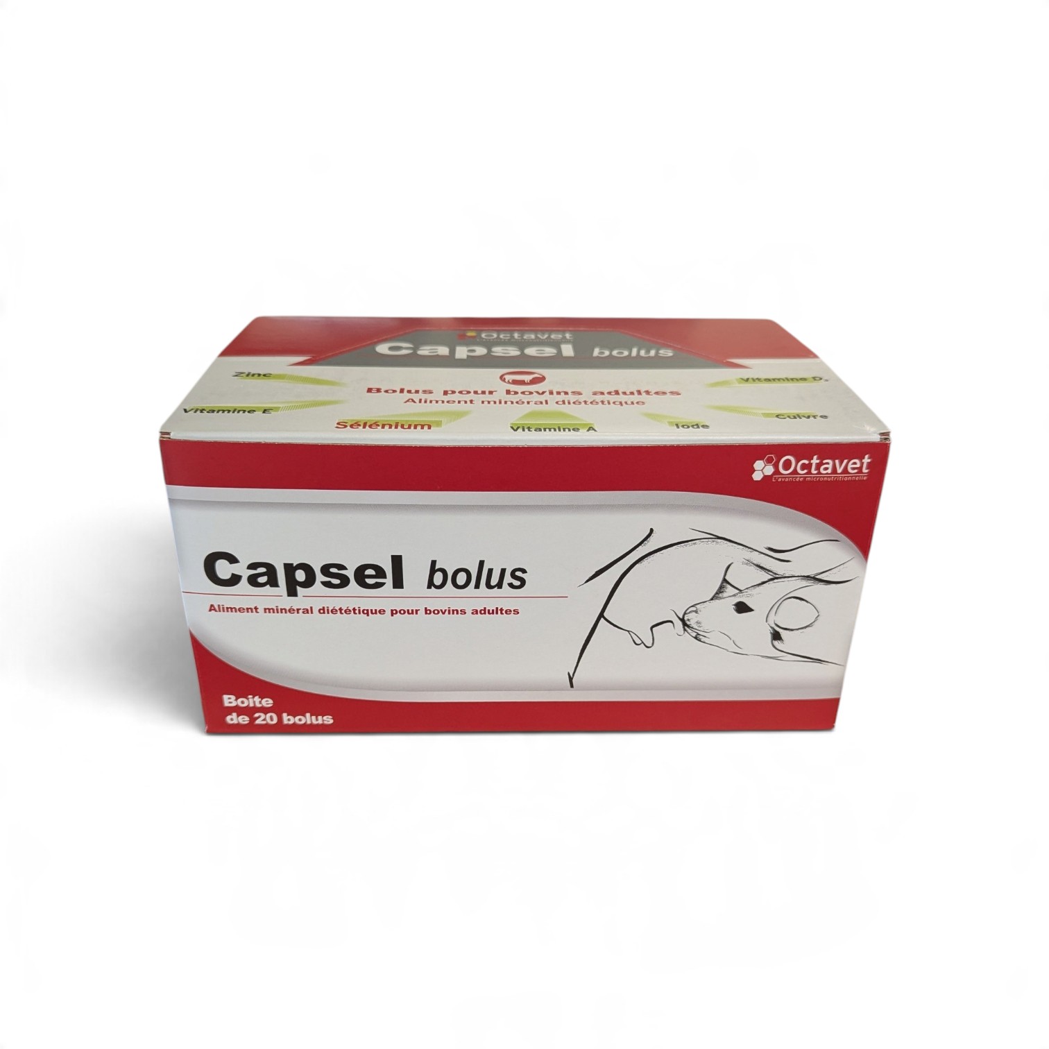 Boîte rouge et blanche de 20 bolus minéraux Capsel Bolus d'Octavet pour bovins adultes avec deux bolus de 70 g posés devant.