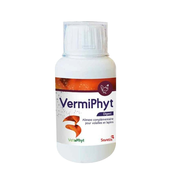 Flacon blanc de 125 ml de solution liquide intestinale naturelle VermiPhyt Digest pour volailles et lapins par VetoPhyt Savetis.