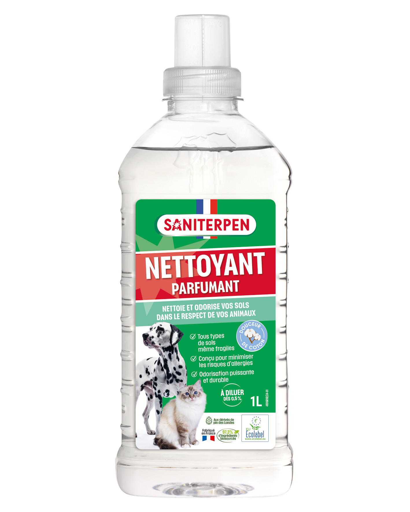 Flacon de 1 Litre de détergent nettoyant et parfumant Saniterpen Douceur de Coton Écolabel pour sols et environnement animal.