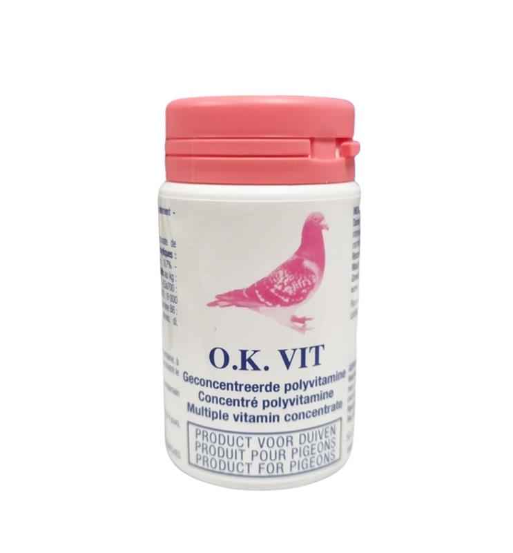 Flacon de 50 comprimés O.K. VIT, concentré polyvitaminé pour pigeons, idéal pour la récupération après concours, la mue et la croissance.