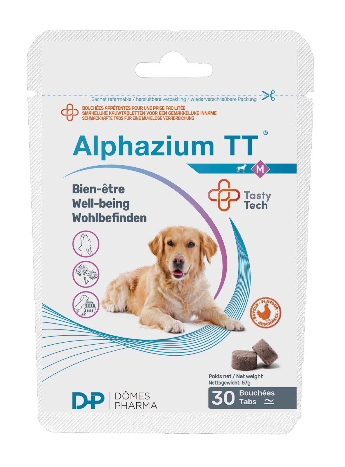 Alphazium TT M Dômes Pharma – complément anti-stress naturel Tasty Tech pour chiens moyens à base de tryptophane et magnésium