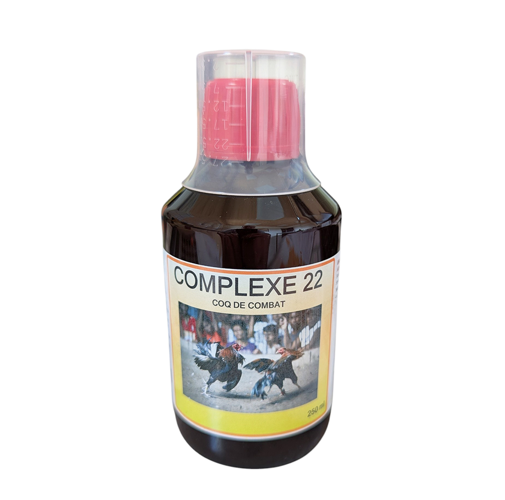 Flacon de 250 ml de Complexe 22 Coq de Combat du Laboratoire Senneco Bonne, solution buvable de vitamines et oligo-éléments pour la remise en forme des volailles.
