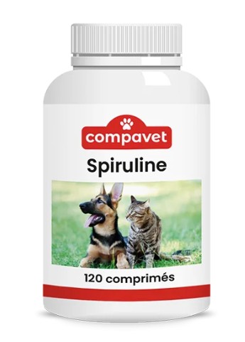 Flacon de 120 comprimés de Spiruline Compavet pour chiens et chats, 500mg par comprimé, complément vitalité et pelage.