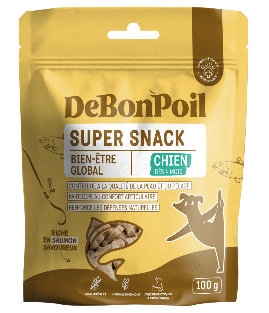 Sachet 100g DeBonPoil Super Snack Bien-être Global au saumon, sans céréales, pour la peau et les articulations du chien.