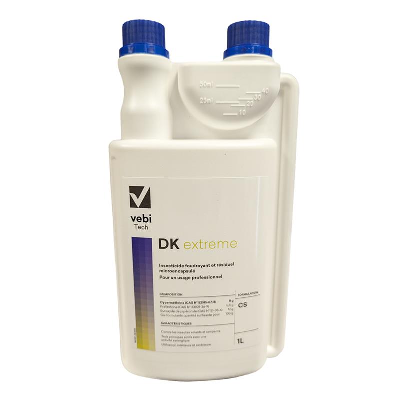 Bidon 1L insecticide micro-encapsulé DK extreme Vebi Tech pour moustiques et blattes.