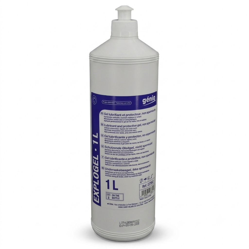 Flacon de 1 Litre de gel lubrifiant et protecteur non spermicide Explogel Génia pour examen vétérinaire.