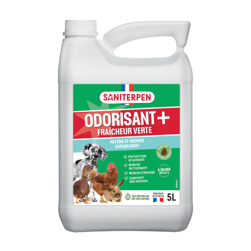 Grand bidon blanc de 5 Litres de Saniterpen Odorisant + Fraîcheur Verte concentré pour l'odorisation rémanente des élevages, chenils et poulaillers.