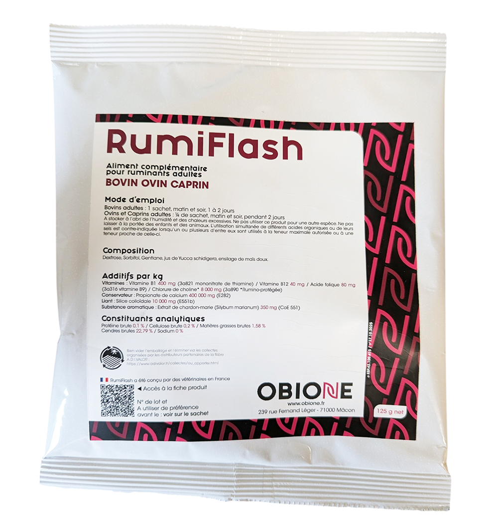 Sachet blanc de 125 g de RumiFlash par Obione, aliment complémentaire pour ruminants conçu pour relancer l'activité du rumen.