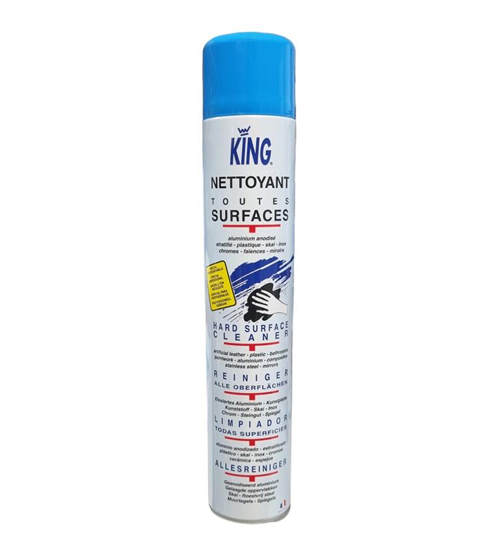 Aérosol de 750 ml King Nettoyant Toutes Surfaces, mousse active pour le nettoyage de l'aluminium, plastique, inox et miroirs.