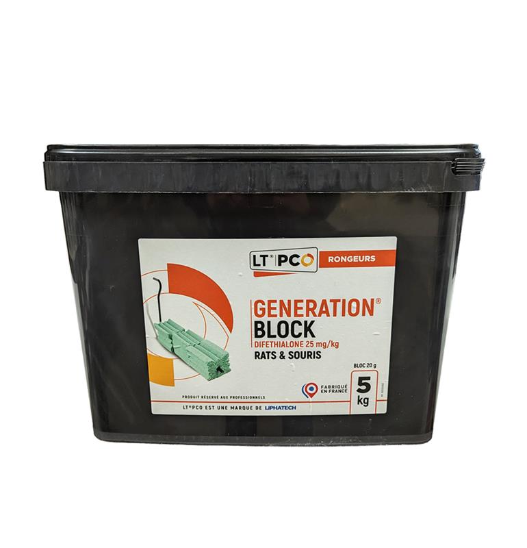 Seau de 5 kg de GENERATION BLOCK par LIPHATECH, raticide et souricide professionnel en blocs de 20g à la Diféthialone, fabriqué en France.