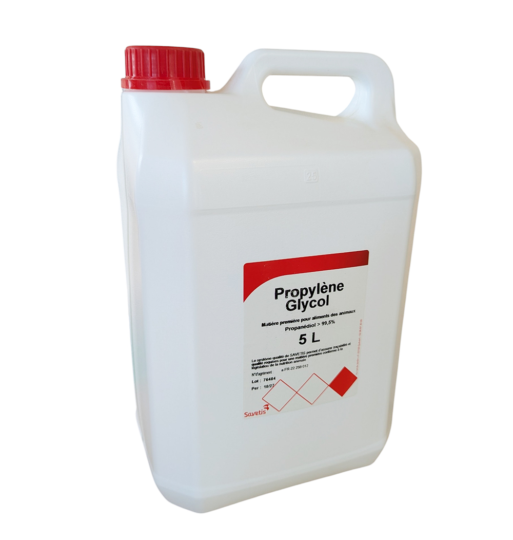 Bidon de 5 litres de Propylène Glycol SAVETIS, matière première pour l'alimentation animale à haute teneur en Propanédiol.