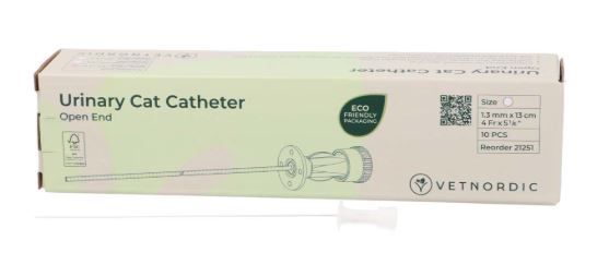 Boîte de 10 cathéters urinaires blancs Vetnordic 4Fr pour chat, extrémité ouverte, 13 cm de long, avec emballage éco-responsable.