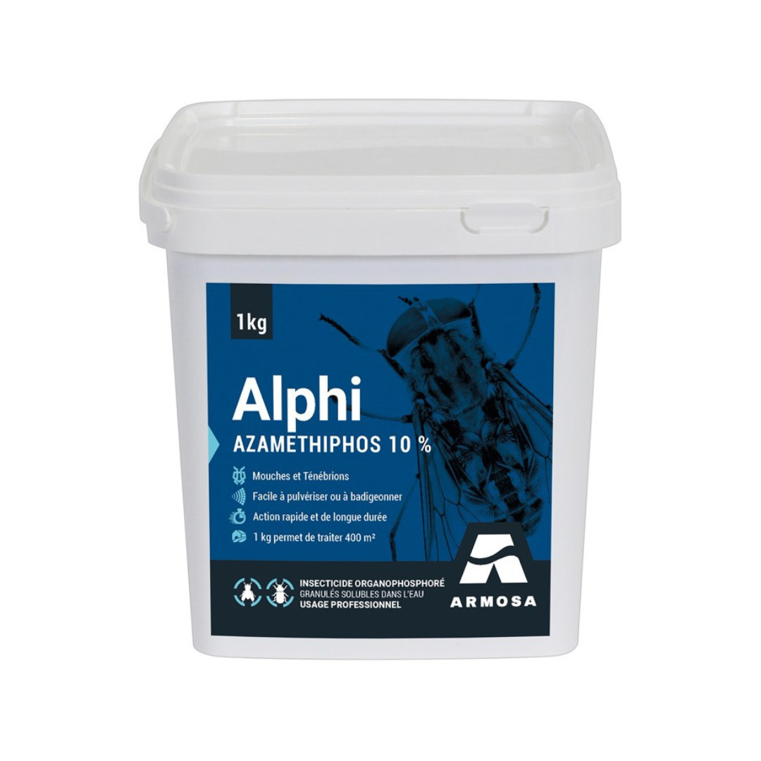 Seau blanc de 1 kg d'insecticide Alphi par Armosa, formulé à base d'azaméthiphos 10% pour le contrôle des mouches et ténébrions en milieu professionnel.