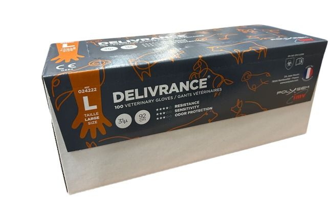 Boîte distributrice de 100 gants vétérinaires DÉLIVRANCE de taille L par POLYSEM, épaisseur 31µ et longueur 92 cm.