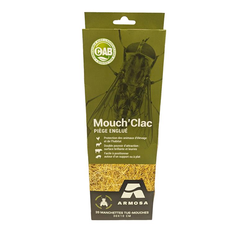 Pack de 20 manchettes tue-mouches engluées Mouch'Clac Armosa pour écuries et étables.