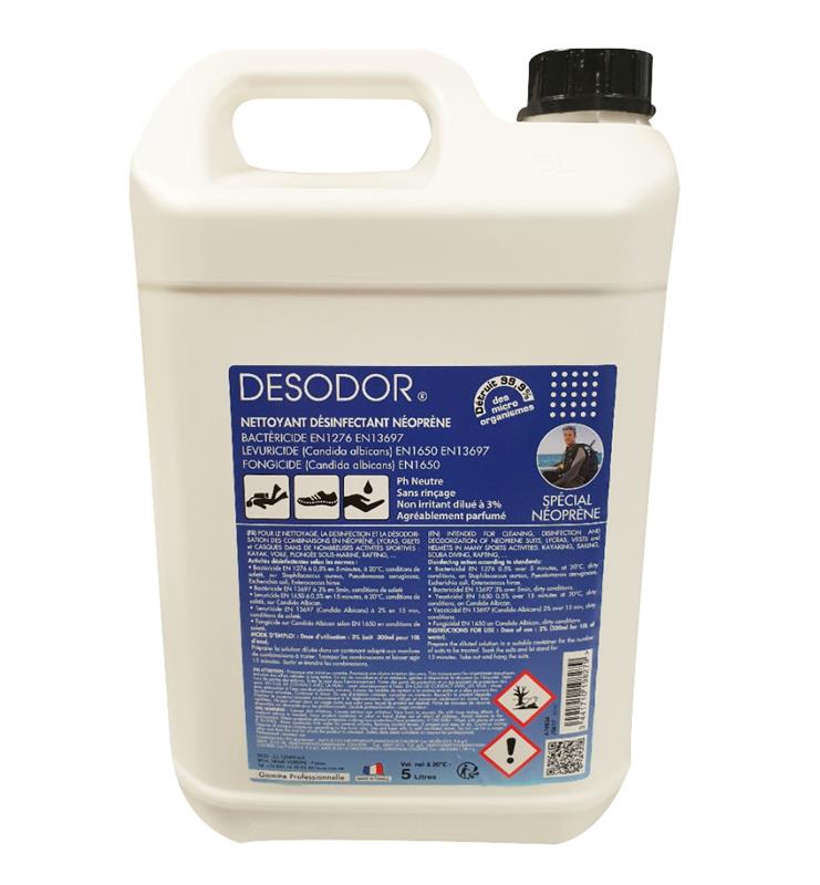 Bidon blanc de 5L de nettoyant désinfectant DESODOR U2 pour combinaisons néoprène, fabriqué en France par SICO.