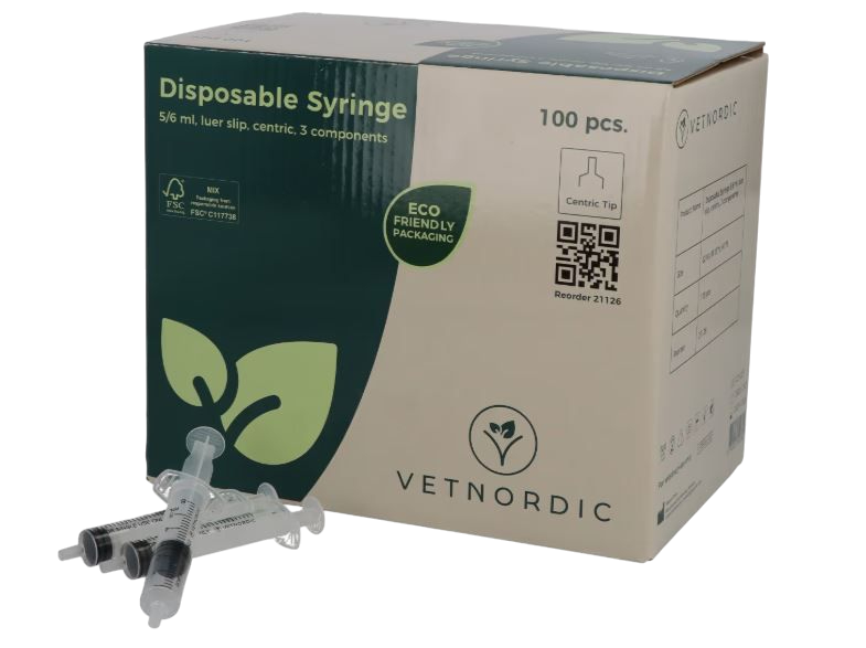 Boîte de 100 seringues vétérinaires 5-6 ml VetNordic 3 pièces Luer Slip avec emballage écologique.