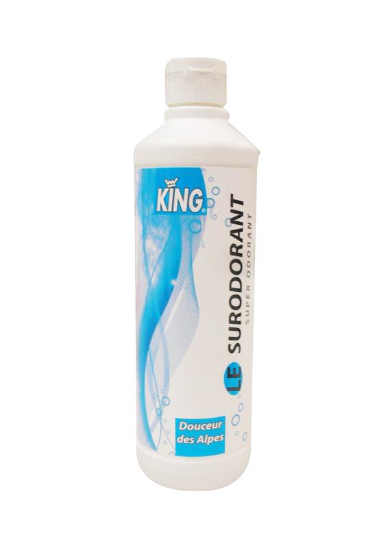 Flacon cylindrique blanc de 500 ml de Surodorant King Douceur des Alpes pour le parfumage professionnel longue durée.