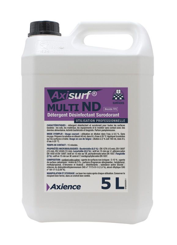 Bidon Axisurf Multi ND 5 litres, détergent désinfectant et surodorant professionnel Axience pour élevages et surfaces lavables.