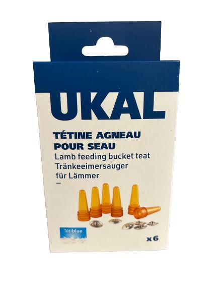Boîte de 6 tétines jaunes Tétiblue UKAL pour multibiberons d'allaitement des agneaux.
