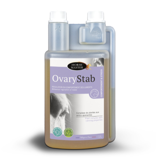 Flacon doseur transparent de 1 Litre de solution liquide Ovary Stab Horse Master pour réguler le comportement des juments.