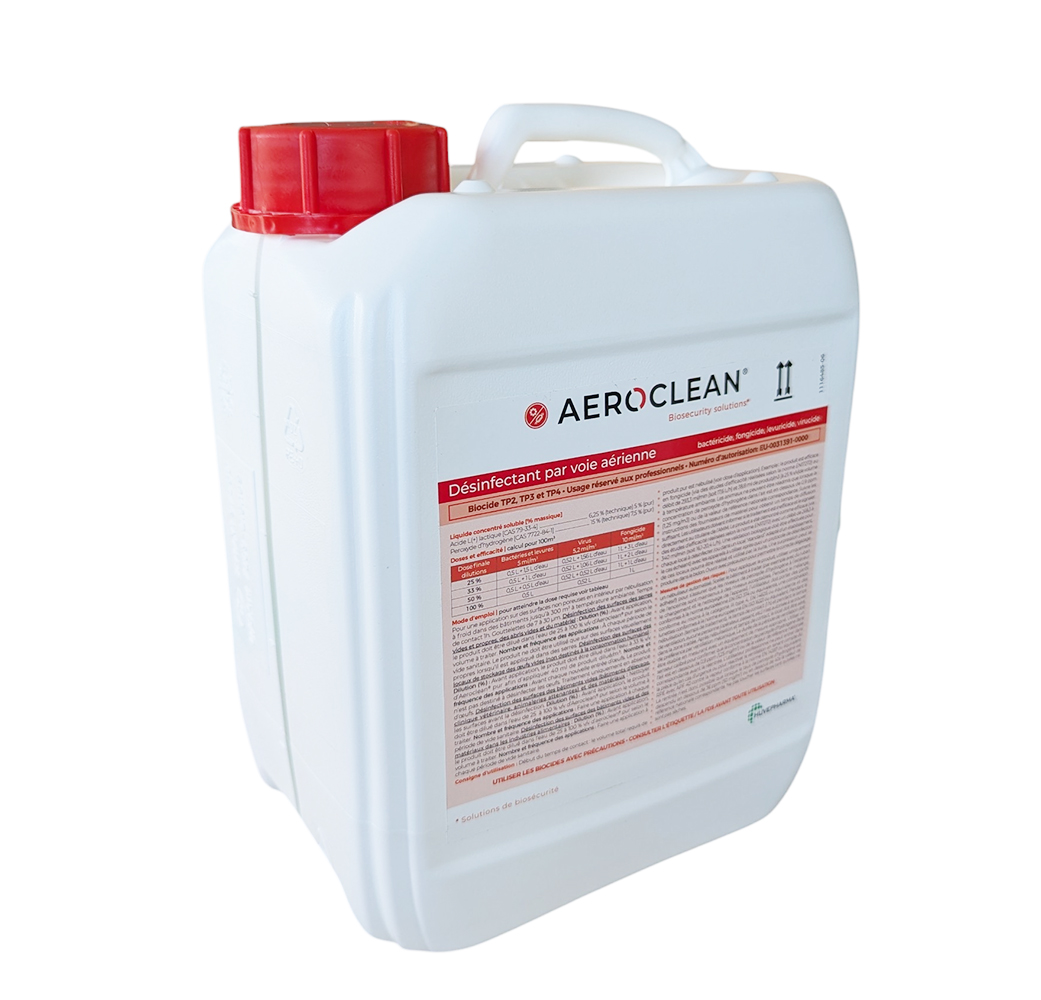 Bidon bleu de 5 litres de désinfectant AEROCLEAN, bactéricide et virucide pour application aérienne en élevage et industrie agro-alimentaire.