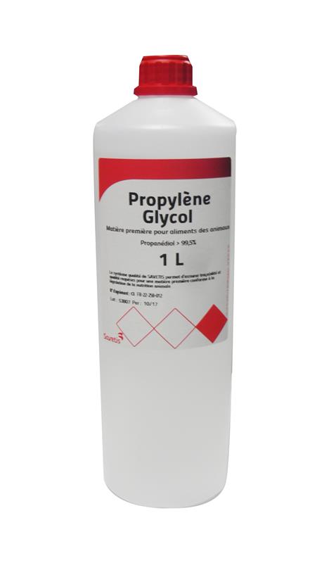 Flacon de 1 litre de Propylène Glycol SAVETIS, matière première pour l'alimentation animale, contenant plus de 99,5% de Propanédiol.
