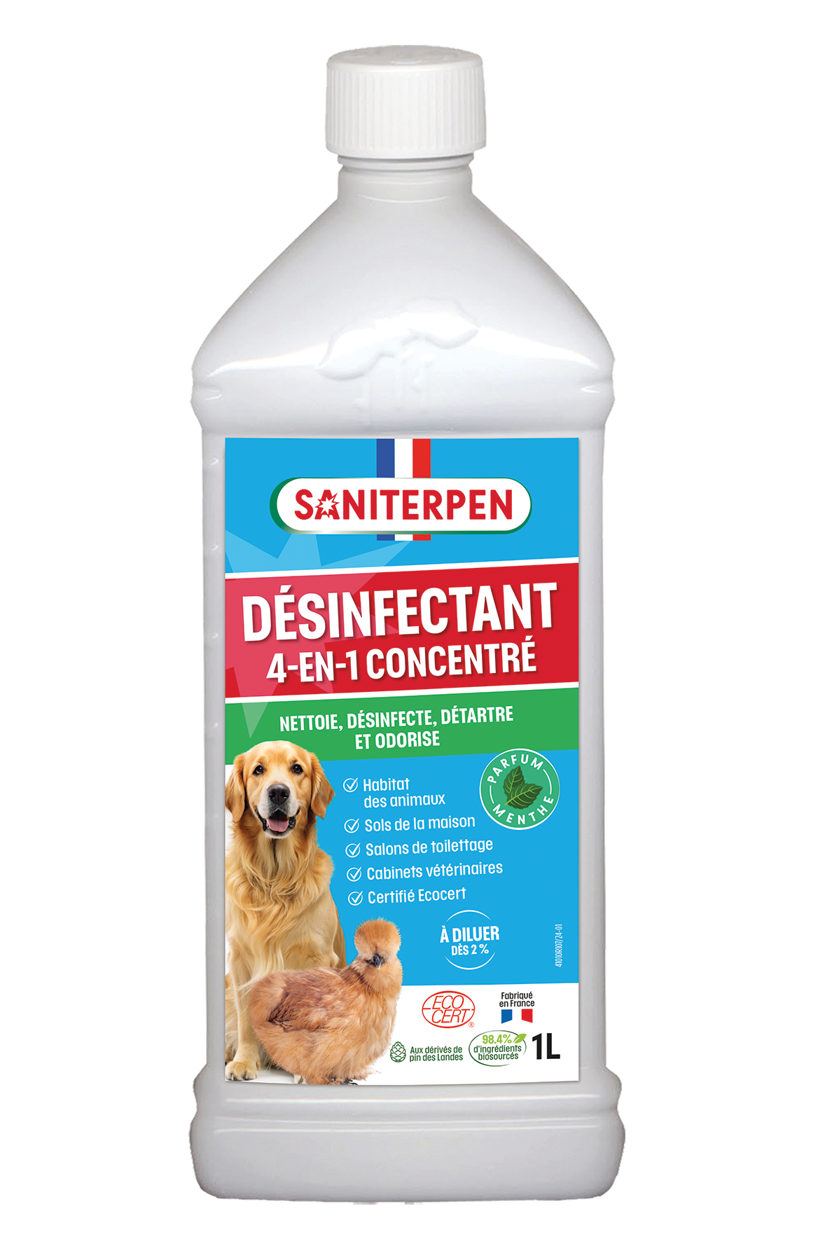 Flacon d'un litre de Saniterpen Désinfectant 4 en 1 concentré certifié Écocert parfum menthe avec illustrations d'un golden retriever et d'une poule.