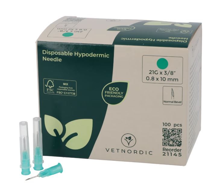 Boîte de 100 aiguilles hypodermiques VetNordic 21G Verte 10mm, pour vaccination volailles et NAC.