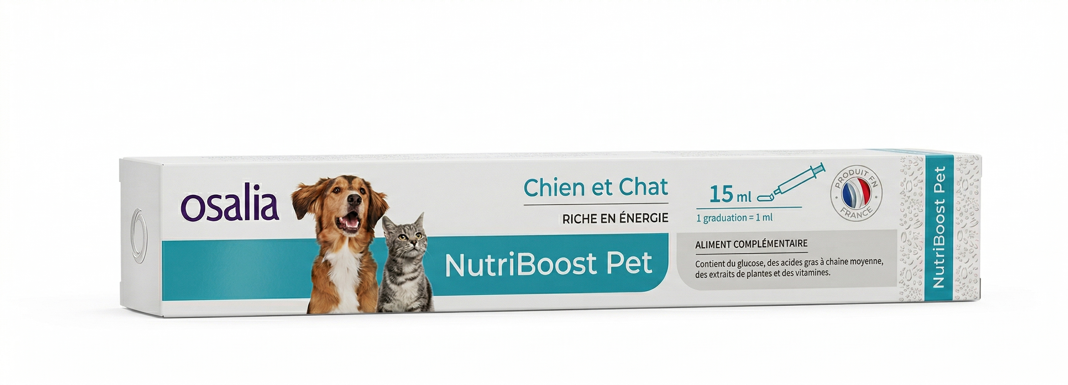 Boîte de NutriBoost Pet Osalia, aliment complémentaire énergétique de 15 ml pour chiens et chats, fabriqué en France.