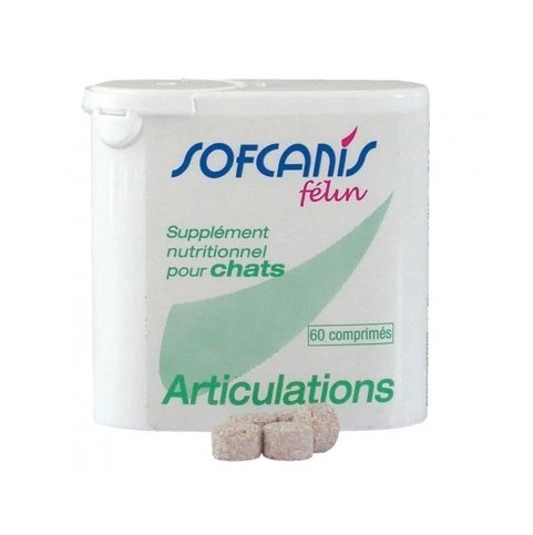 Pilulier blanc de 60 comprimés appétents Sofcanis Félin Articulations pour le confort articulaire du chat.