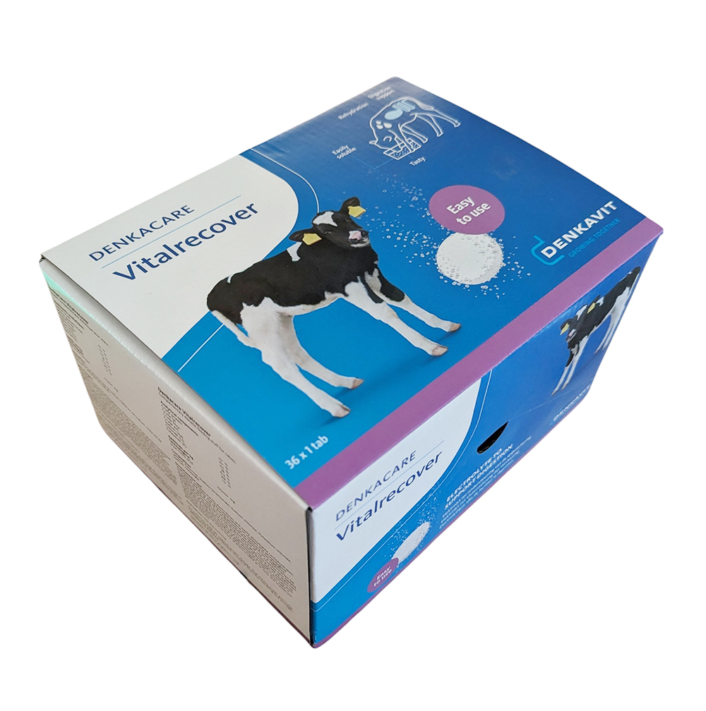 Boîte bleue et blanche de 36 galets effervescents DENKACARE Vitalrecover par Denkavit, solution électrolytique pour la réhydratation des veaux.