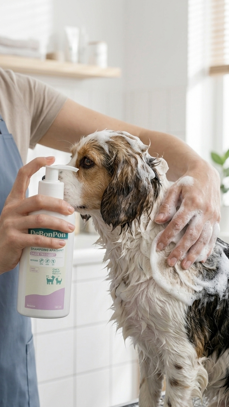 Flacon pompe shampooing antiparasitaire DeBonPoil sans parfum usage fréquent chien chat.