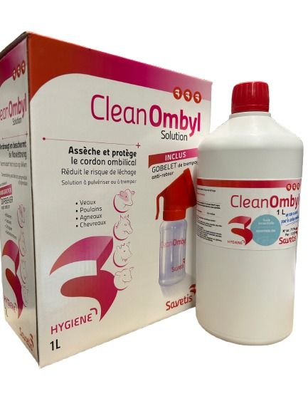 CleanOmbyl 1 L Savetis avec gobelet anti-retour – solution désinfectante et asséchante pour le cordon ombilical des veaux, agneaux et chevreaux.