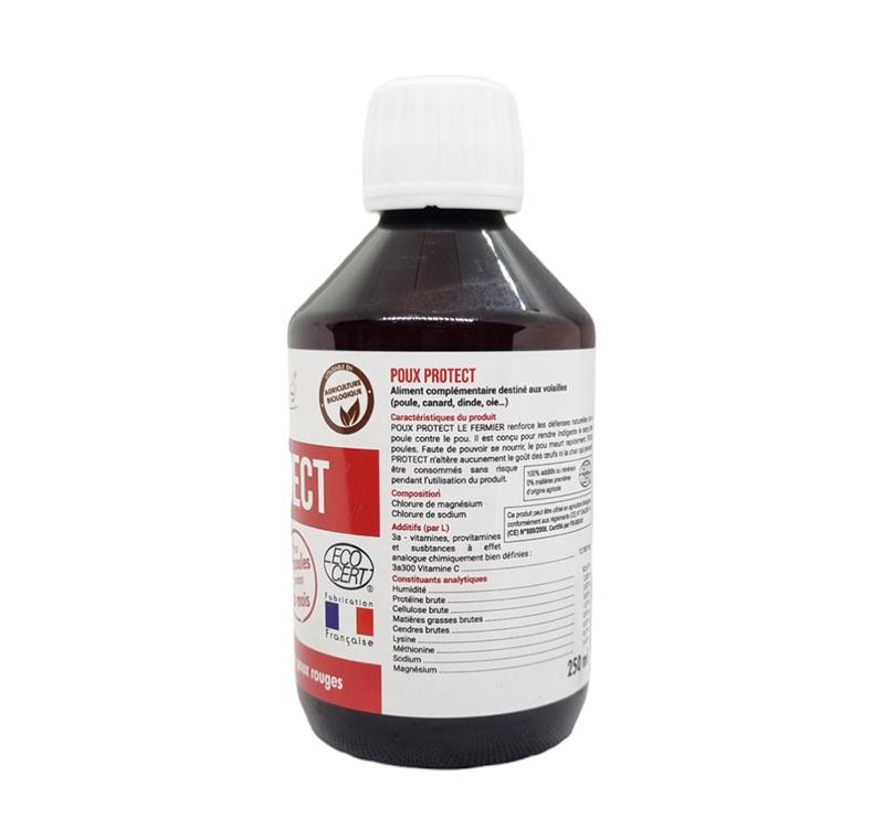 Flacon de 250 ml de Poux Protect Le Fermier, complément alimentaire naturel contre les poux rouges, utilisable en agriculture biologique.