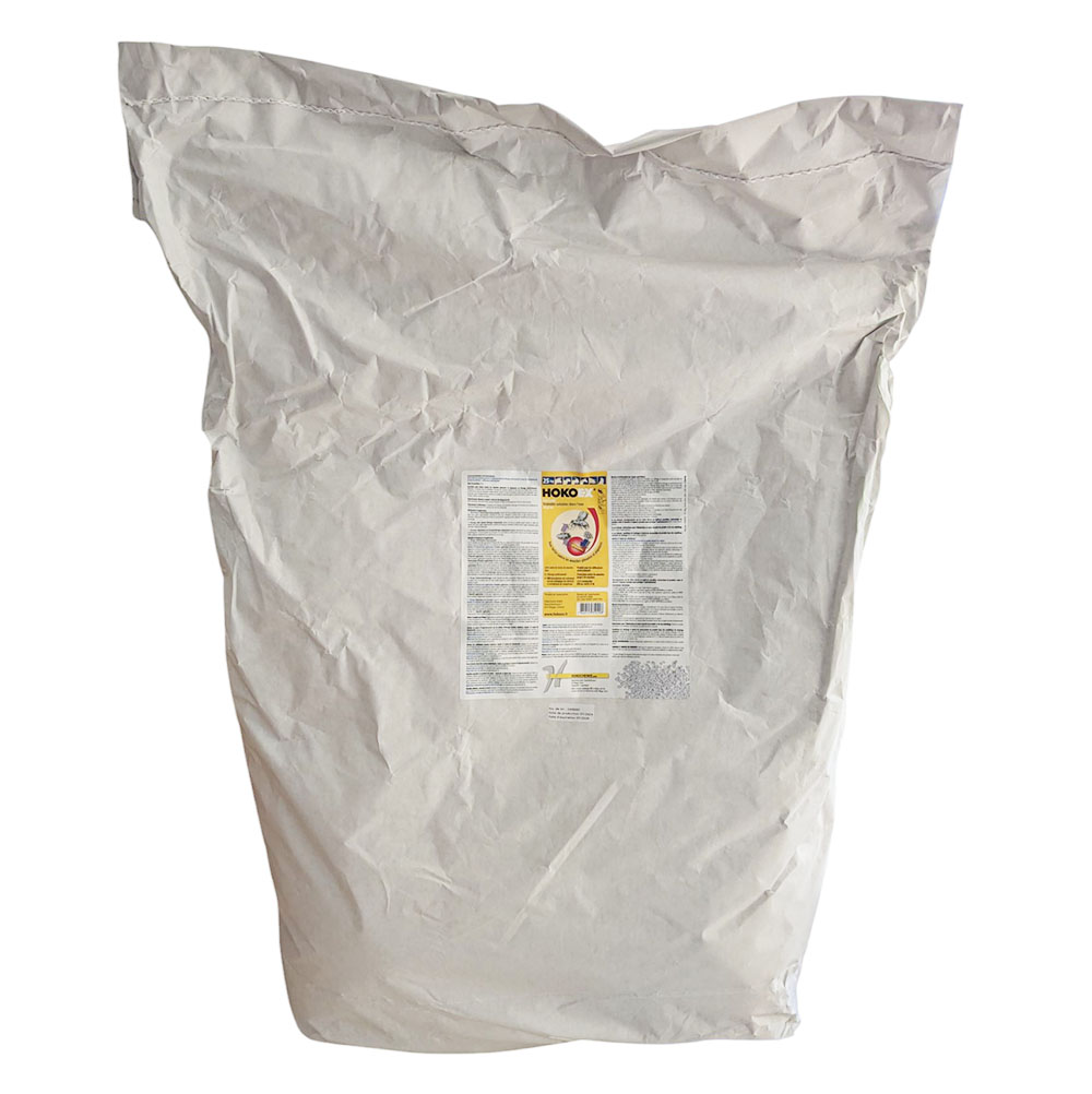Grand sac blanc de 25 kg de larvicide HOKOEX pour le traitement des larves de mouches en élevage.