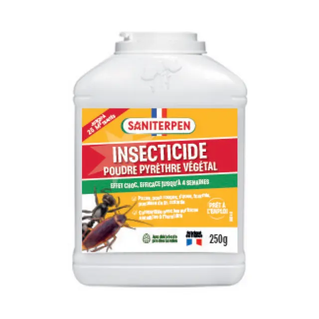 Flacon poudreur blanc de 250g de Saniterpen Insecticide Poudre au pyrèthre végétal avec étiquette jaune et illustrations de fourmi et blatte.