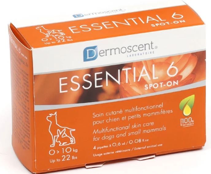 Boîte Dermoscent Essential 6 spot-on chien 1-10kg et petits mammifères soin peau naturel.